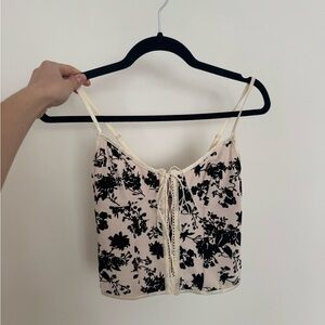 Floral Lace-Up Cream and Black Top